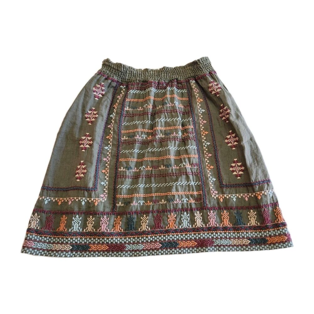 Johnny Was Elastic Waist Linen Embroided Boho Festival Western Skirt SZ XS